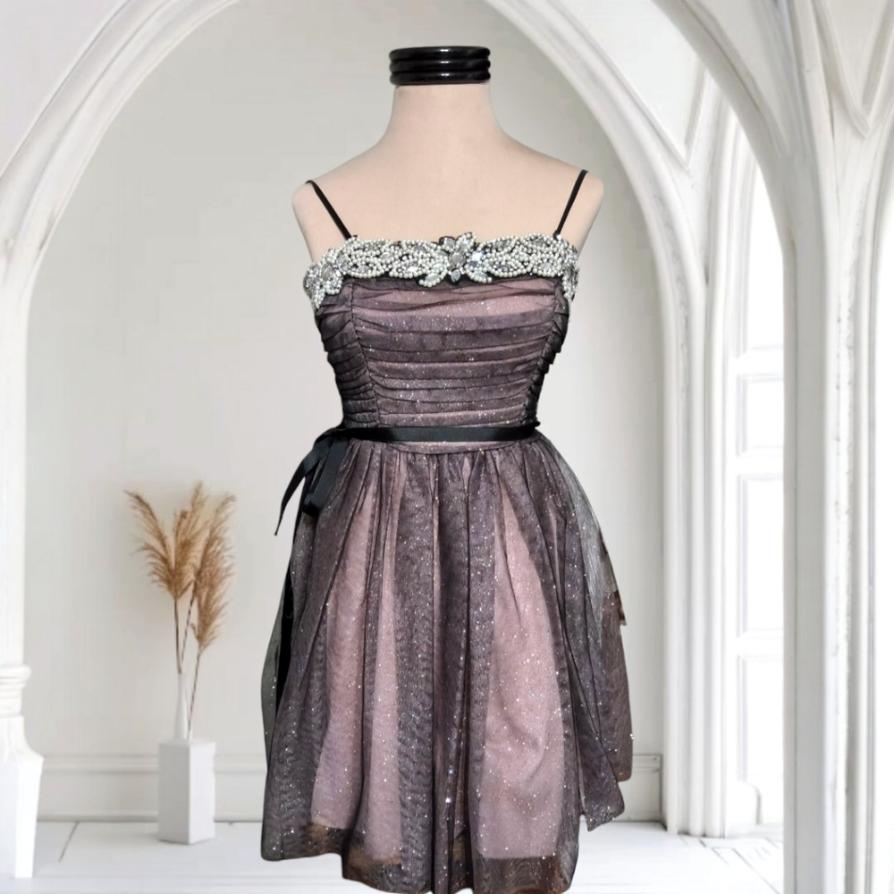 Beaded Party Mini Dress in Dusty Pink - Black - and Ivory by City Triangles
